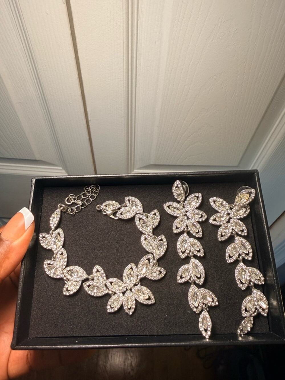 Silver Crystal Floral Necklace and Earrings Set